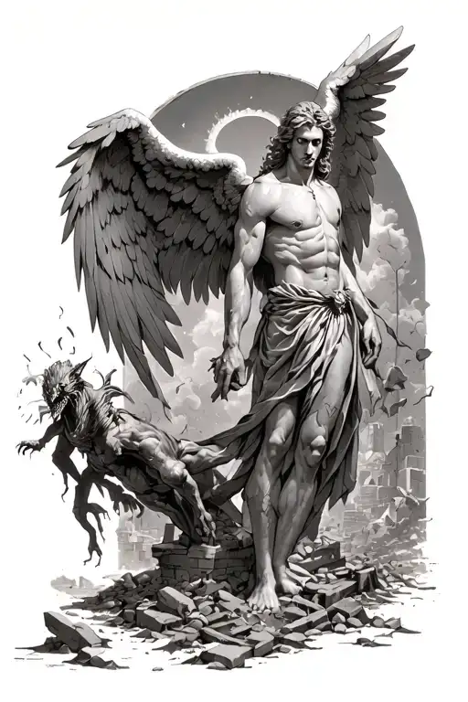 behind arch angel gabriel standing in ruins with hurt wings fighting demons and protecting heaven back tattoo tattoo design idea