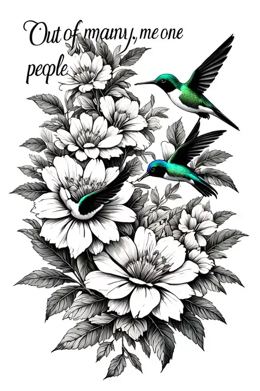 "Out of many, one people" lignum vitae flowers with 2 humming birds flying away tattoo design idea