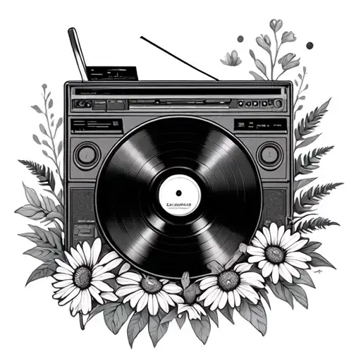 Vinyl record with boombox and wildflowers tattoo design idea