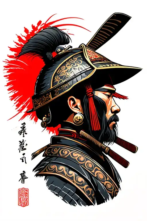 Color sleeve with samurai in the Japanese style -up: the top of the forearm (at the elbow): the head of the samurai in the helmet (kabuto) with red tattoo design idea