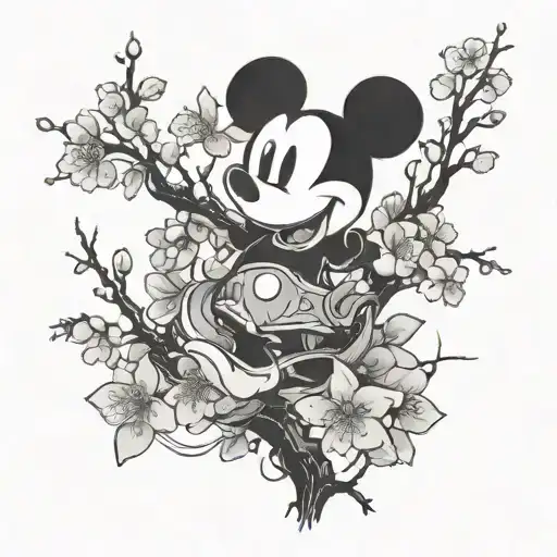 mickey mouse and cherry blossom branches tattoo design idea