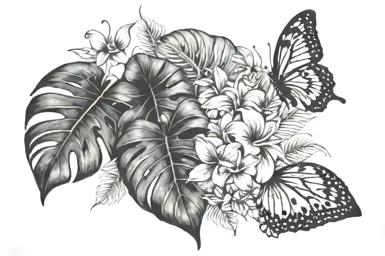 monstera leaf with butterflies and plumeria flowers  tattoo design idea