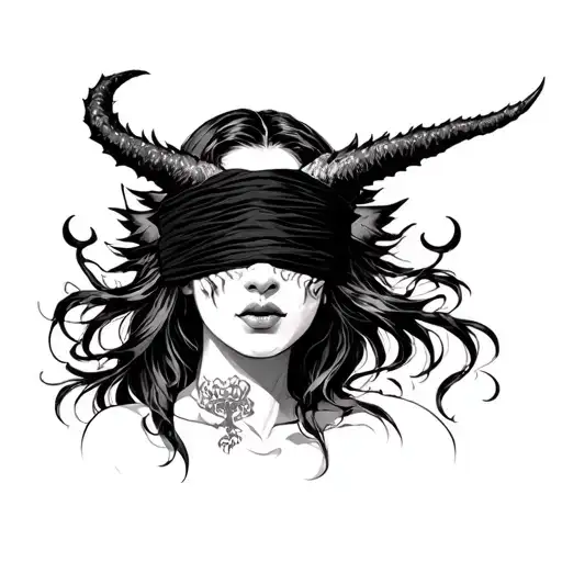 blindfolded woman with oni mask tattoo design idea