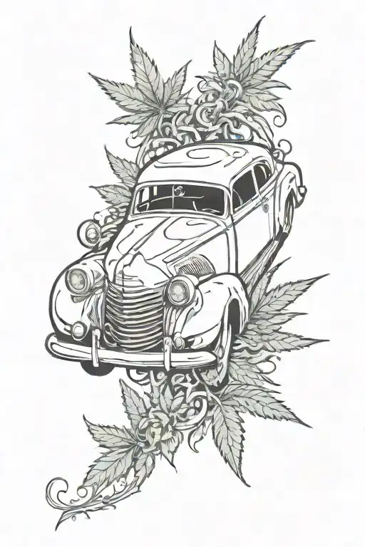 classic car, cannabis tattoo design idea
