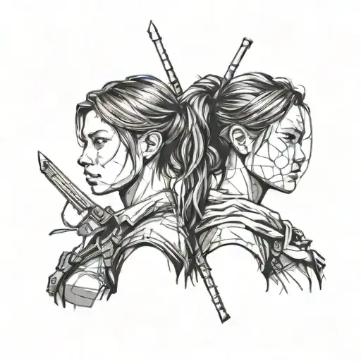 Simple small one line tattoo of the outline of a girl warrior; warrior meets Lara Croft meets Ellie from The Last of Us tattoo design idea