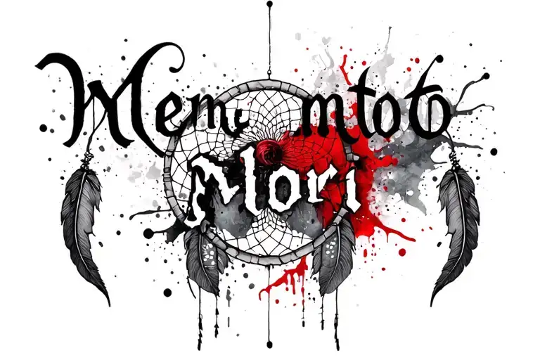 Phrase say "Memento Mori" using gothic inspired lettering black dream catcher tattoo design idea
