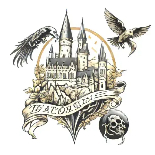 harry potter tattoo with the castle, the golden snitch, the deathly hallows and the spell expecto patronum all very detailed tattoo design idea