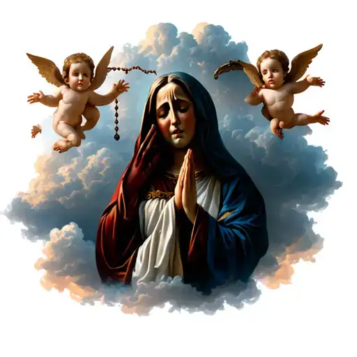 Virgin crying with her hands together praying and holding a rosary and around her there are clouds and cherubs tattoo design idea