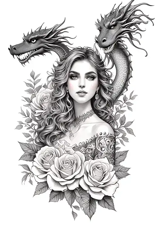 A realistic portrait of a woman surrounded by roses and dragon tattoo design idea