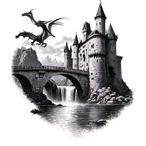 Right Forearm hyper realistic tattoo in black ink of medieval castle fortification with bridge, waterfall and dragons fl tattoo design idea