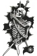 skeleton praying sword in ribs torn cloth  tattoo design idea