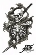 skeleton praying sword in ribs torn cloth  tattoo design idea