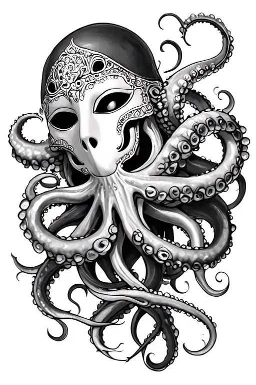 hanya mask and squid wrapping its tentacles tattoo design idea