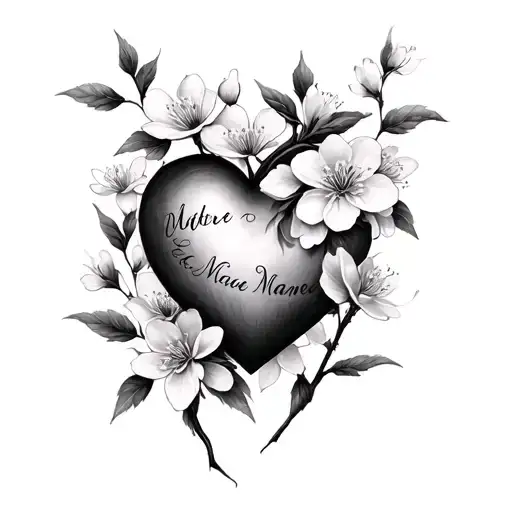realistic heart cherry blossom flowers with a name tattoo design idea