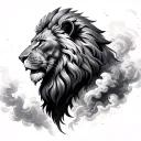 Realistic black and grey tattoo design. Large lion head on the shoulder. Dramatic smoke and clouds background. Roman num tattoo design idea