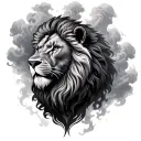 Realistic black and grey tattoo design. Large lion head on the shoulder. Dramatic smoke and clouds background. Roman num tattoo design idea