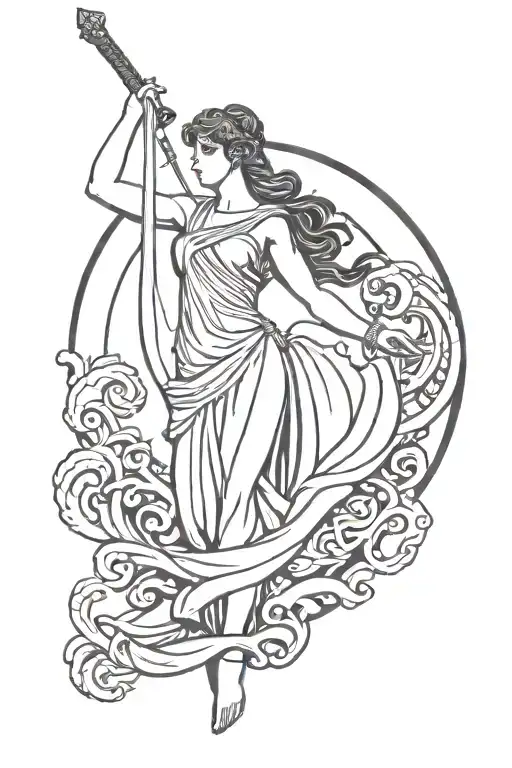 athena greek goddess holding a scale and sword with waves tattoo design idea