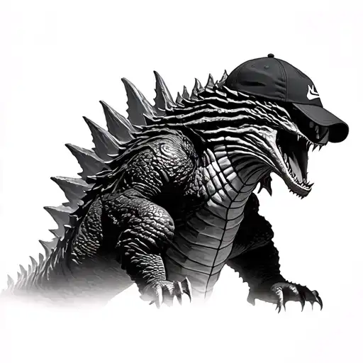 Hyper realistic image of Godzilla standing on ghidorah’s middle head. Godzilla must be Wearing a Nike cap and sunglasses tattoo design idea