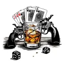 Playing cards, dice dropping into a glass of whiskey, and two revolvers crossing at the barrel, with a wood background  tattoo design idea