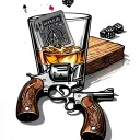 Playing cards, dice dropping into a glass of whiskey, and two revolvers crossing at the barrel, with a wood background  tattoo design idea