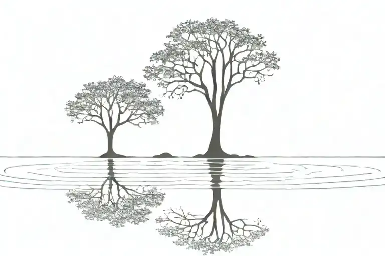 An abstract tattoo of a tree silhouette reflected in rippling water, symbolizing the connection between land and water tattoo design idea