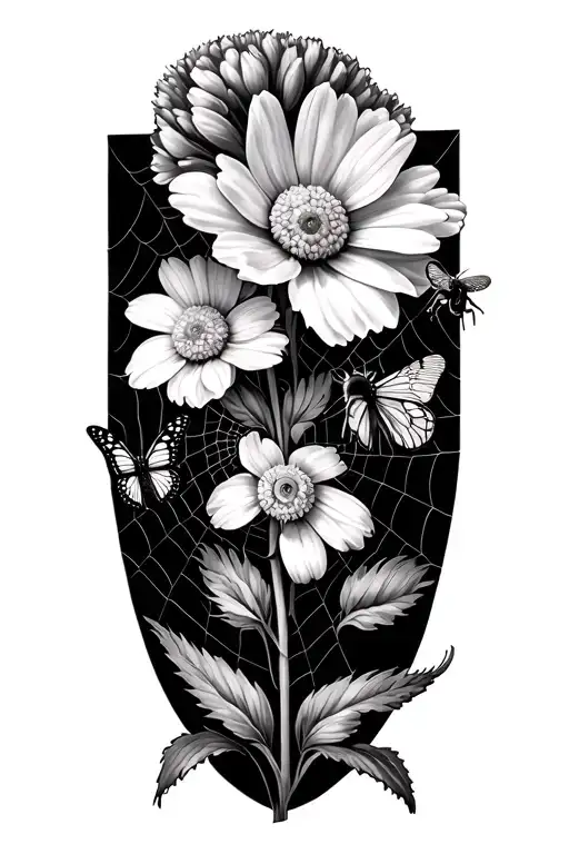 carnation,narcissus, daisy flower with spider web and spider separated by thread add butterfly and bees tattoo design idea