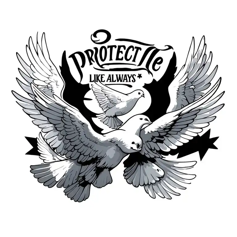 "Protect Me Like Always" guardian angels and doves flying towards tattoo design idea