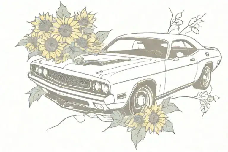 70's dodge challenger and sunflowers tattoo design idea