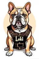 beige french bulldog wearing leather vest with printed name "Loki" on it tattoo design idea