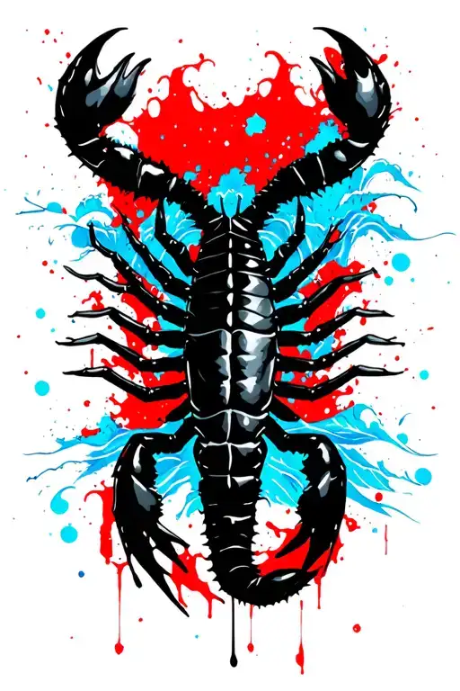 the background is a night sky with asian waves, in the front a black realistic scorpio, a few light blue spots tattoo design idea