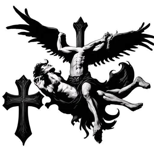 Lucifer falling from heaven three crosses tattoo design idea