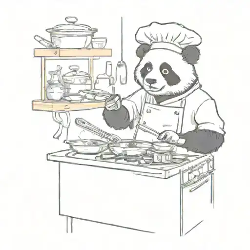 A panda bear chef cooking up a storm in a kitchen with musical instruments in the background tattoo design idea