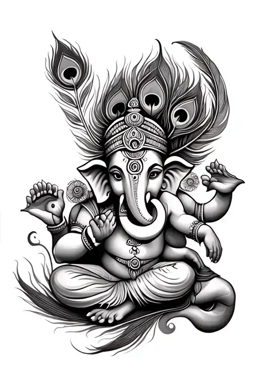 hindu tattoo with an om, ganesh, peacock feather  and trishul tattoo design idea