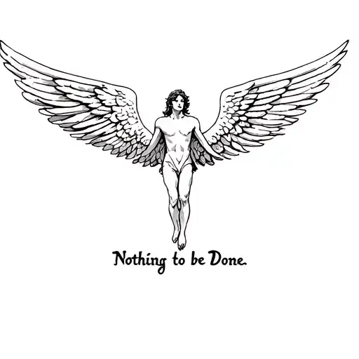 Icarus tattoo falling with a wing of a deonn and a wing of an angel. a phrase beneath it "Nothing to be Done" tattoo design idea