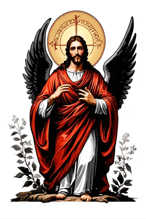 Saint Jude Thaddeus with a red robe wings and Sundays tattoo design idea