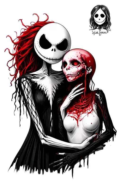 jack skellington whole body holding Sally's severed head tattoo design idea