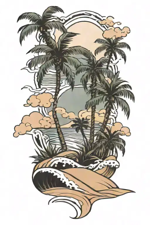 sand dunes, palm trees, waves crashing in the background tattoo design idea