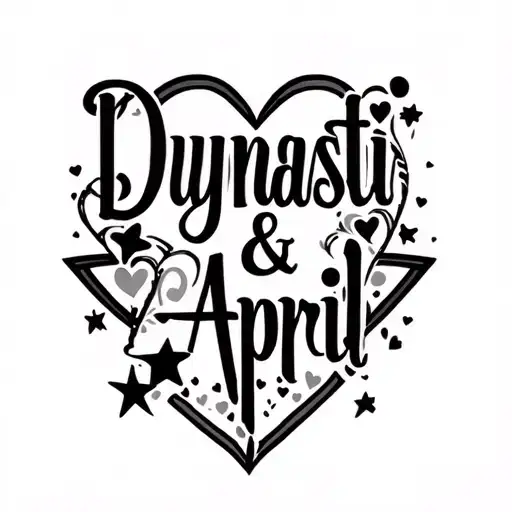 "Dynasti & April" "Dynasti & April"  name script hearts and stars tattoo design idea