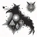 A futuristic tattoo design combining elements from the Harry Potter universe with technology symbols relevant to system engineering, in dotwork style tattoo design idea