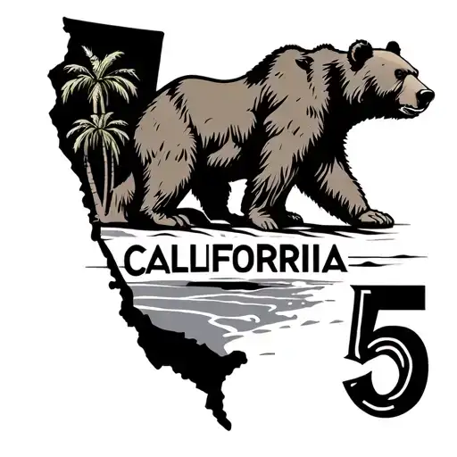 california state outline. california bear, i5 sign and beach tattoo design idea