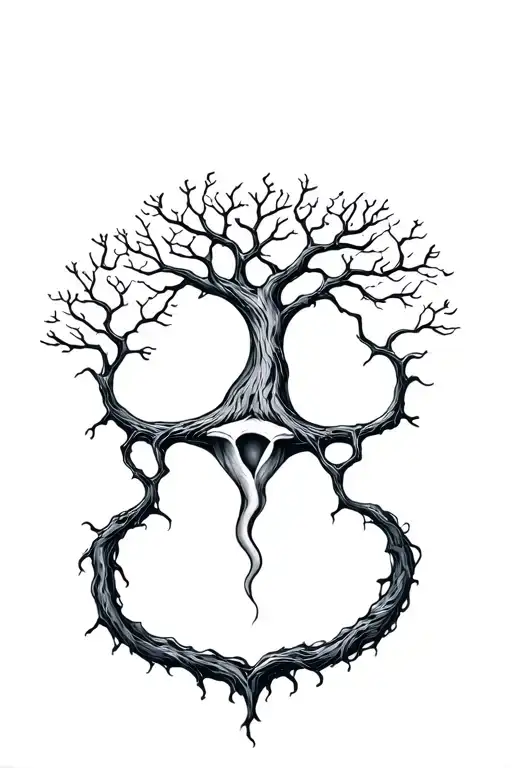 gnarled tree in the shape of a uterus tattoo design idea