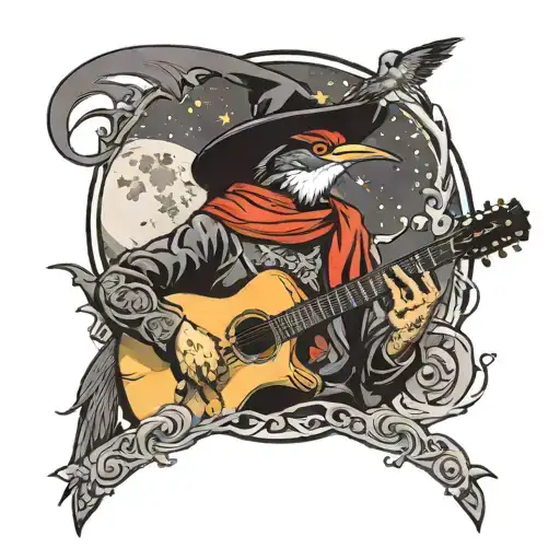 CLASSICAL GUITAR MAN IN BLACK HAT WITH VISOR, BANDANA UNDERNEATH, A FULL MOON AND A SWALLOW PERCHED ON THE GUITAR tattoo design idea