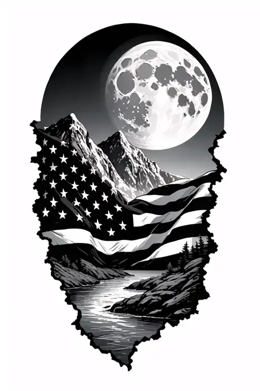 mountain, torn u.s flag, moon light river surrounded tattoo design idea