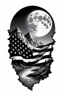 mountain, torn u.s flag, moon light river surrounded tattoo design idea