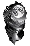mountain, torn u.s flag, moon light river surrounded tattoo design idea