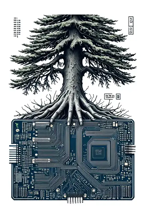 digital blueprint for a computer PCB on a fourarm that goes into the roots of a redwood tree with the tree being above t tattoo design idea