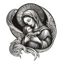 Virgin Mary holding baby Jesus, inspired by a necklace pendant. The background is made up of stained glass and waves. tattoo design idea