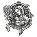 Virgin Mary holding baby Jesus, inspired by a necklace pendant. The background is made up of stained glass and waves. tattoo design idea