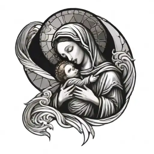 Virgin Mary holding baby Jesus, inspired by a necklace pendant. The background is made up of stained glass and waves. tattoo design idea