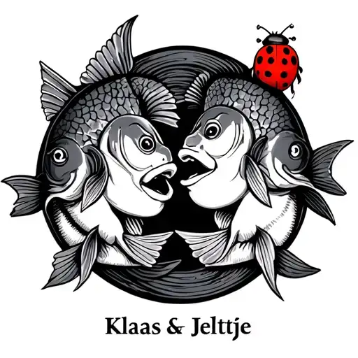 The names Klaas & Jeltje, Klaas with Pike fish and Jeltje with a ladybug  tattoo design idea